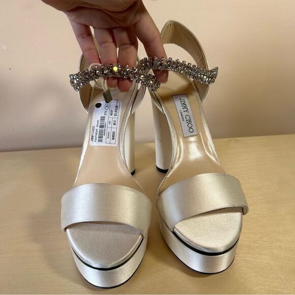Jimmy Choo Ivory White Satina Platform Sandals 40.5 - Picture 2 of 16